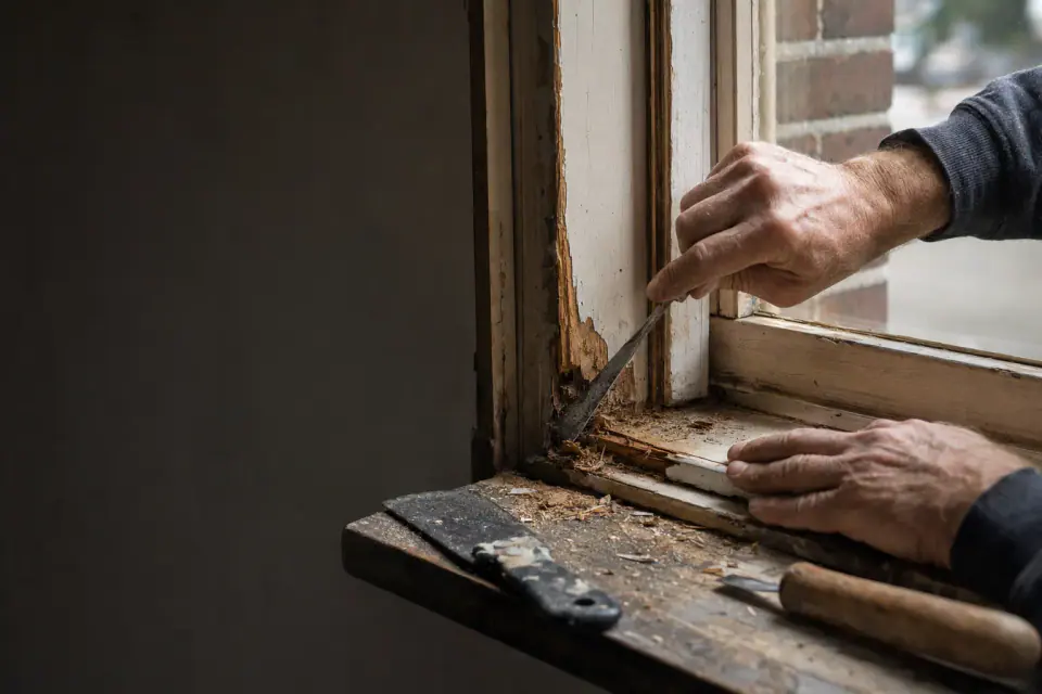 Inspectie en herstel van aangetast hout in een kozijn