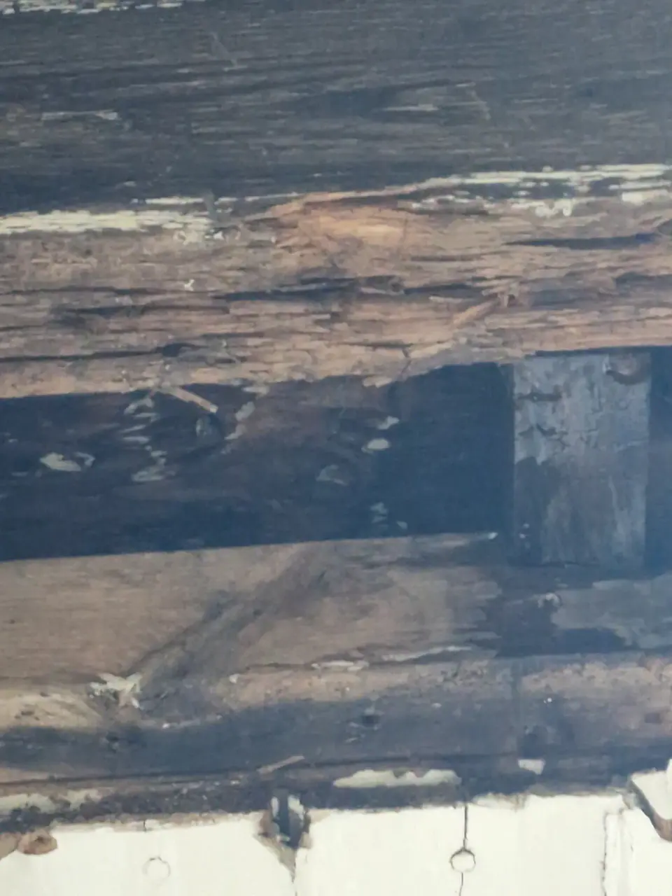 Detail van verzwakt en verrot hout in het overstek
