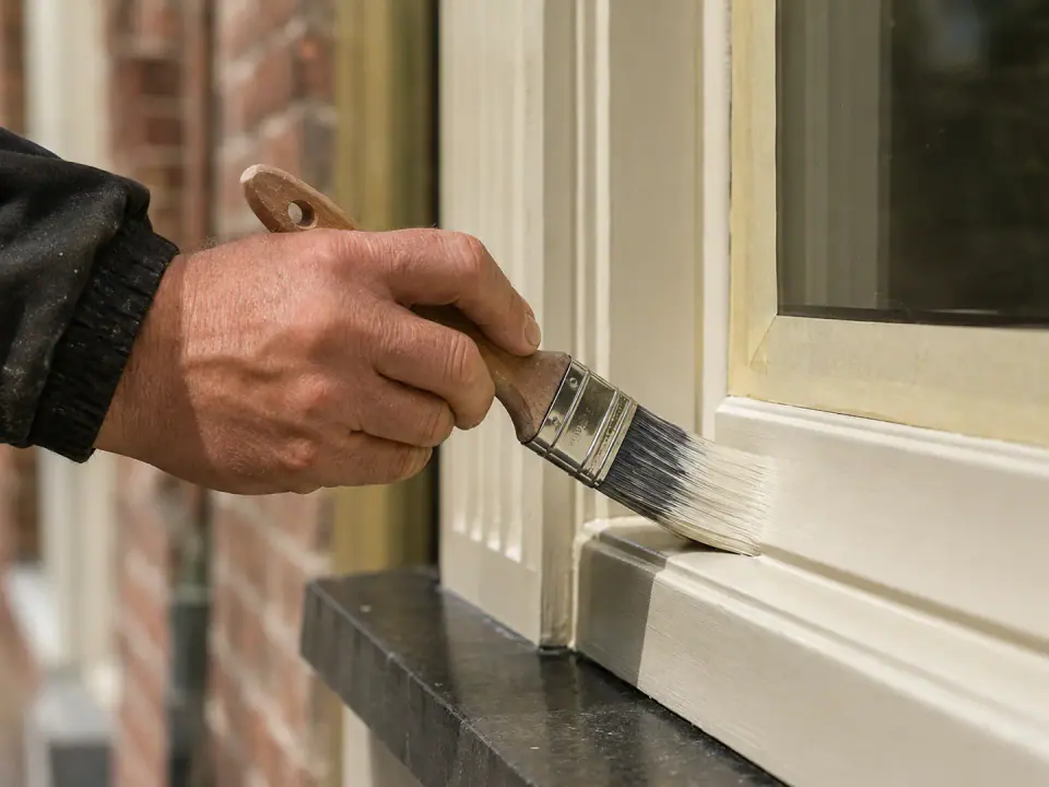 Nauwkeurig schilderwerk aan een houten raamkozijn
